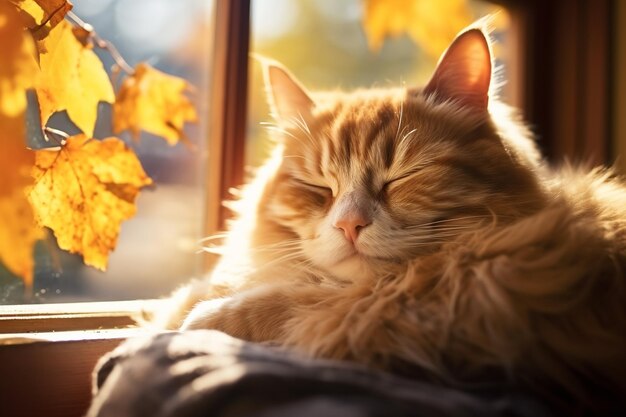 Cozy Autumn Cat Napping Lazily on a Warm Windowsill Generative AI