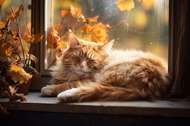 Cozy Autumn Cat Napping Lazily on a Warm Windowsill Generative AI