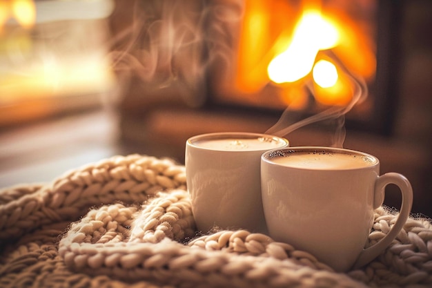 Photo cozy autumn coffee break with two cappuccino cups pastries and warm fall vibes perfect rustic