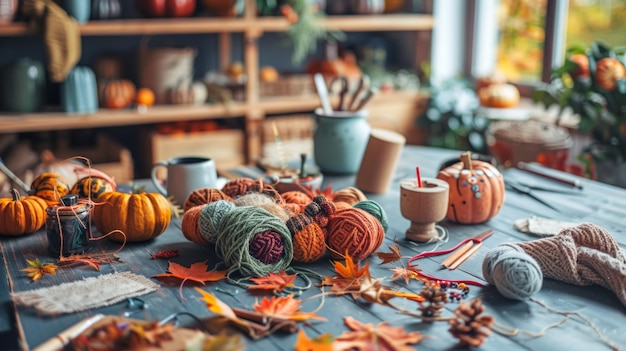 Photo cozy autumn crafting and knitting session