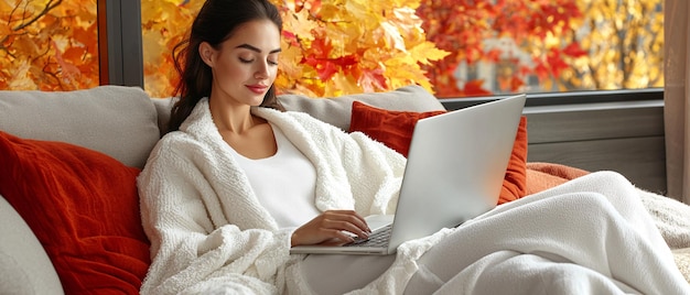 Cozy Autumn Day with Laptop and Warm Blanket