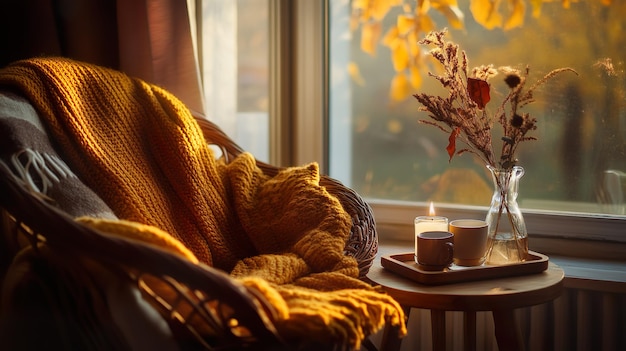 Cozy autumn decor with wicker chair and warm blanket