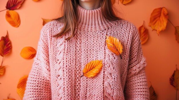 Photo cozy autumn fashion woman wearing pink knitted sweater with falling leaves