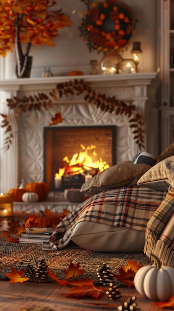 Cozy Autumn Fireplace Decor with Pumpkins and Plaid Blankets