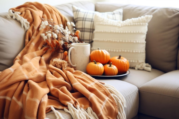 Photo cozy autumn home setting with a plush orange blanket pumpkins and warm drink embodying the essence of fall comfort and decor