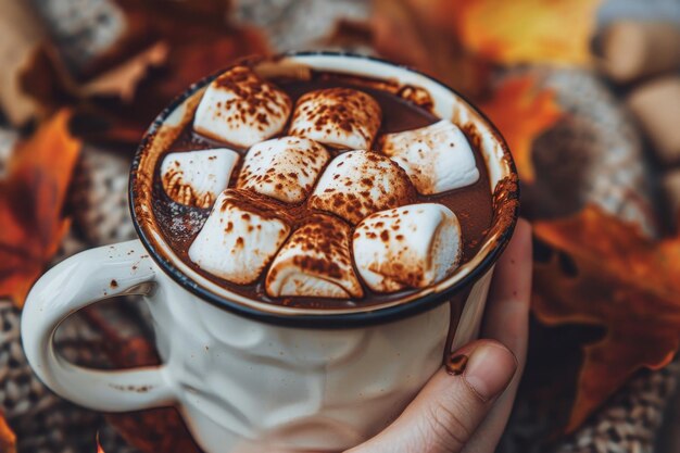 Photo cozy autumn hot chocolate steaming mug with marshmallows on colorful fall foliage background