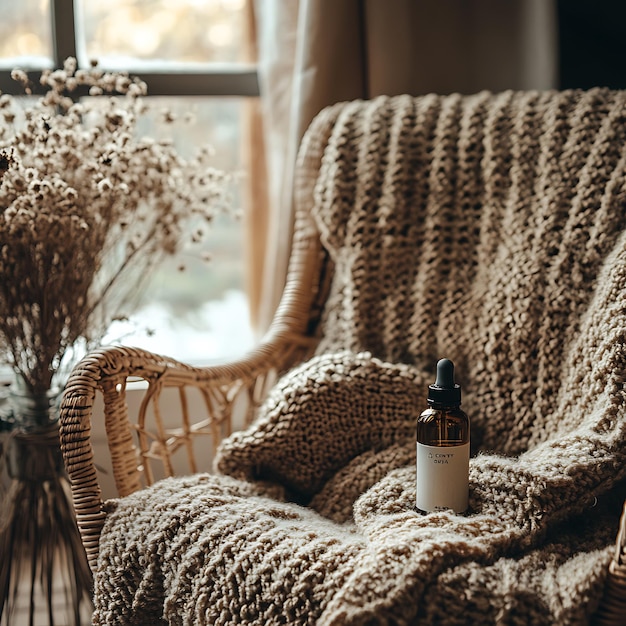 Cozy Autumn Interior with Wicker Chair and Blanket