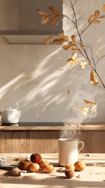 Cozy Autumn Kitchen with Sunlight and Leaves