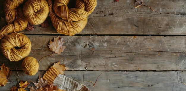 Photo cozy autumn knitting warm wool yarn and seasonal leaves on rustic wooden background