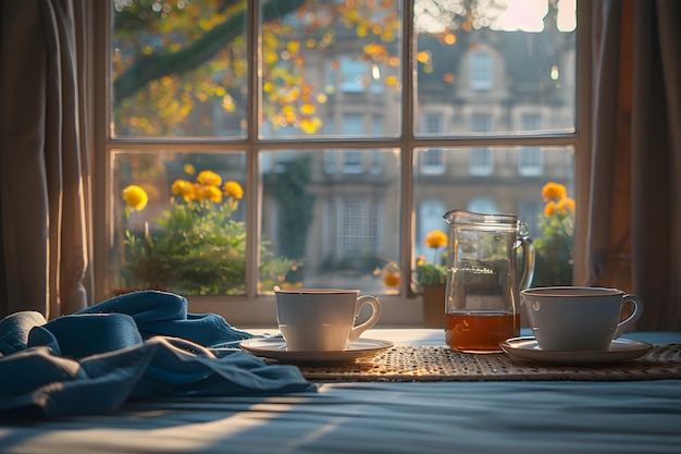 Photo cozy autumn morning cups of tea by the window with fall foliage view perfect for relaxation home decor print card poster