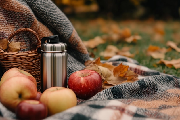 Photo cozy autumn picnic setup with a thermos and fresh apples on a blanket surrounded by fallen leaves in a park