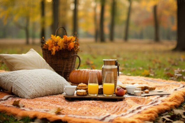 Photo cozy autumn picnic with blankets pumpkins and warm drinks concept of relaxation and togetherness