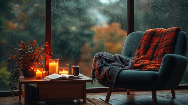 Photo cozy autumn reading nook with candles and warm blanket by a rainy window