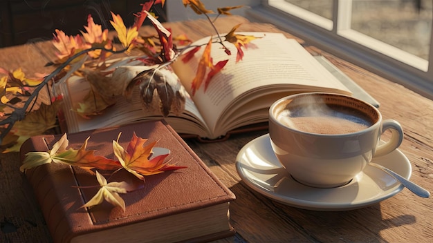 Cozy autumn scene A warm knitted sweater a wellloved book and a scattering of autumn leaves cap