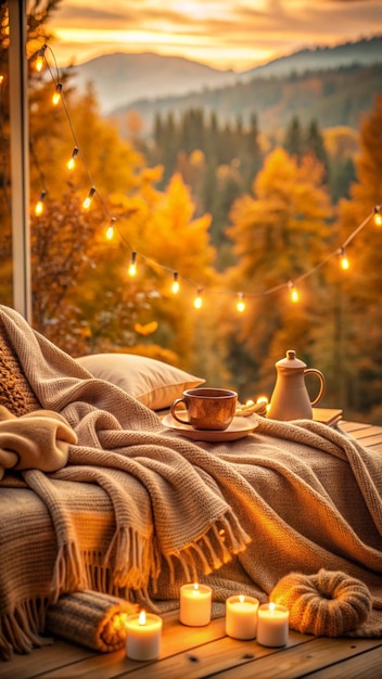 Photo cozy autumn scene with a blanket coffee cup candles and a view of golden fall foliage