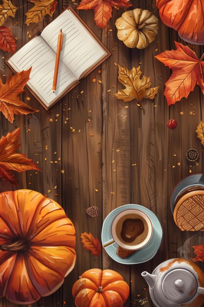 Photo cozy autumn scene with a vector illustration of a tabletop featuring a cup of coffee notes with