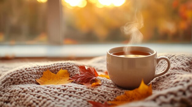 Photo cozy autumn scene with warm blanket and hot tea