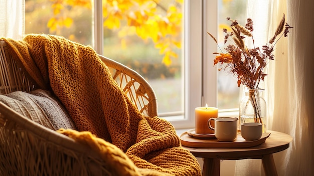 Cozy autumn scene with a wicker chair and warm blanket