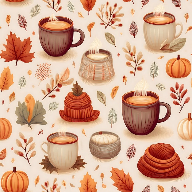 Cozy Autumn Seamless pattern Icons included cozy autumn icons such as a steaming coffee and cocoa mugs pumpkins fall leaves and winter cloth Graphic art illustration