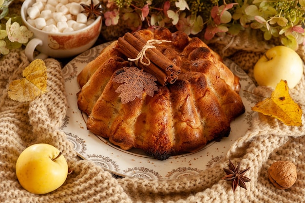 Cozy autumn still life with warm homemade biscuit apple pie and hot drink with marshmallow