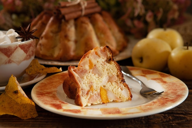 Cozy autumn still life with warm homemade biscuit apple pie and hot drink with marshmallow