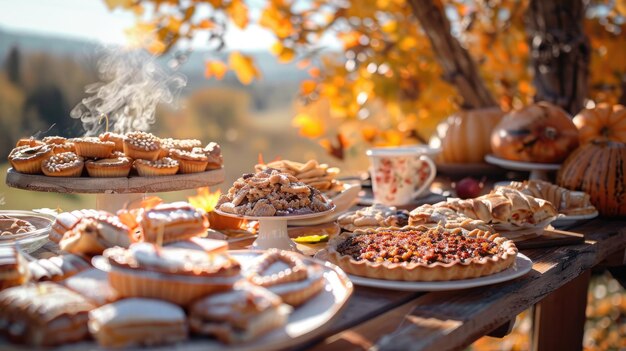 Photo cozy autumn thanksgiving feast with sweets outdoors under clear sky colorful fall leaves display of pies cakes pastries steam rising golden sunlight thanksgiving crispy weather sweets