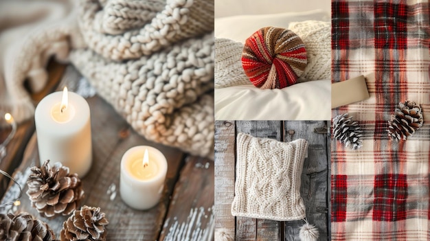 Cozy Autumn Vibes Knitted Textures Candles Warm Plaid Blankets and Pinecones