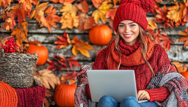 Cozy Autumn Vibes with Laptop and Colorful Leaves