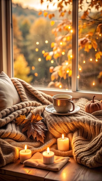 Photo cozy autumn window scene with a cup of tea candles and a knitted blanket