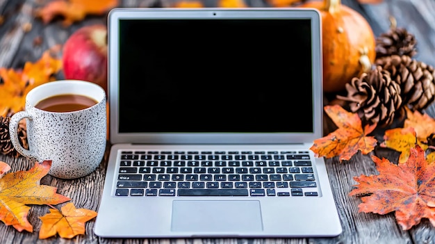 Photo cozy autumn workspace with laptop and seasonal decor