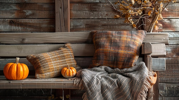 Photo a cozy autumnthemed setup featuring a wooden bench adorned with plaid cushions