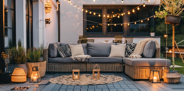 Cozy backyard evening set up with stylish outdoor furniture and decorative lights perfect for relaxation and entertaining guests