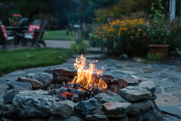 Photo cozy backyard fire pit at dusk