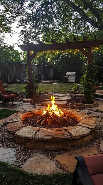 Photo cozy backyard fire pit with stone surround and string lights