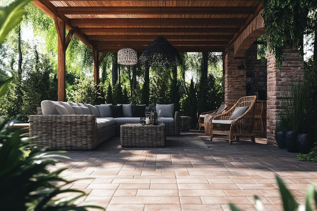 Photo cozy backyard patio with stylish seating and greenery for relaxing outdoor gatherings in summer