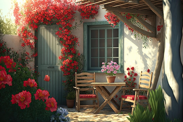 Cozy backyard with wooden furniture and bright red flowers