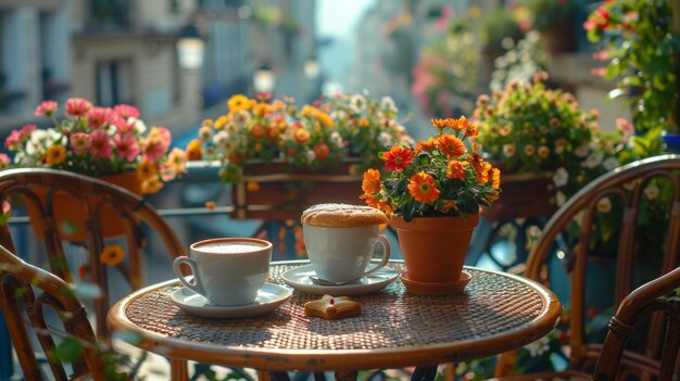 Photo cozy balcony cafe scene with cappuccino and flowers generative ai