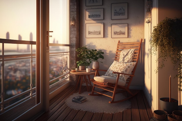 A cozy balcony retreat with rocking chair and a view of the city skyline