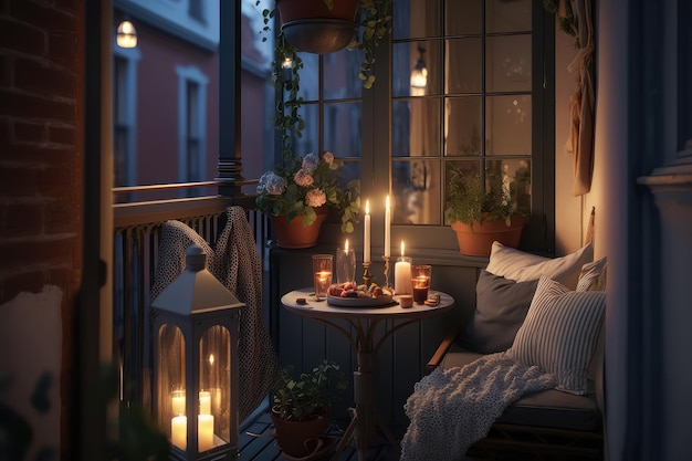 Cozy balcony with table and candle for a romantic night in the city