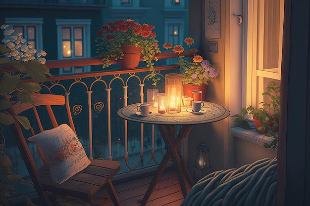 Cozy balcony with table and chairs candles and vase of flowers