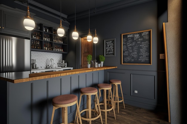 A cozy bar area with stools is located in a modern industrial style kitchen corner