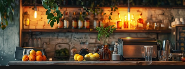 Cozy bar counter with lemons and mint under warm lighting