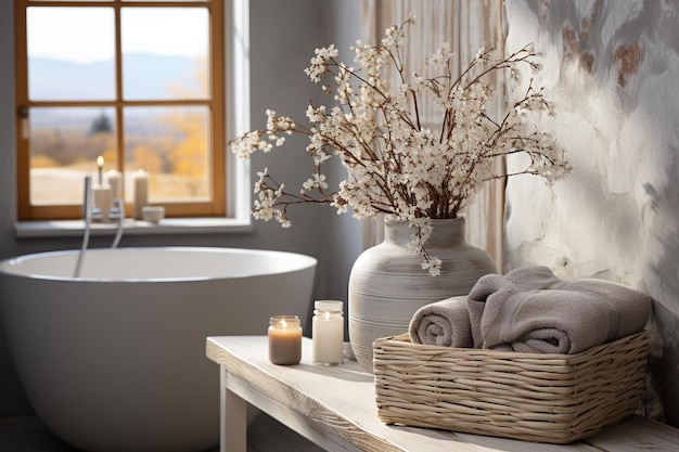 Photo cozy bathroom setting with rustic charm including natural flowers and towels