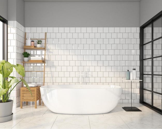 Cozy bathroom with modern bathtub and shower white tile wall and marble tile floor 3d rendering