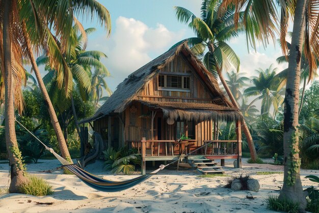 A cozy beach cottage with a hammock strung between