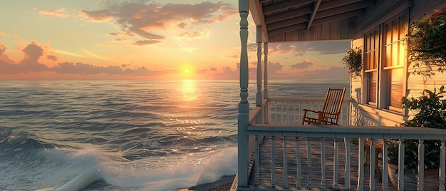 Photo cozy beach house with wooden porch overlooking the ocean