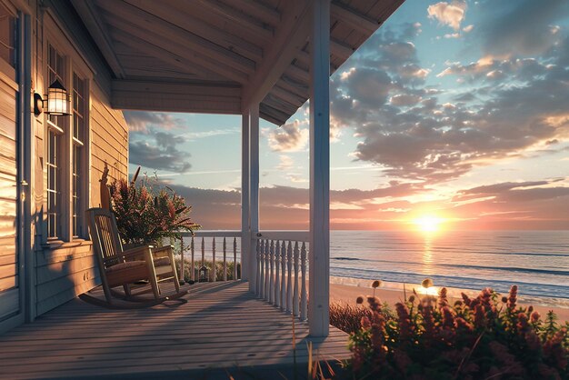 Photo cozy beach house with wooden porch overlooking the ocean