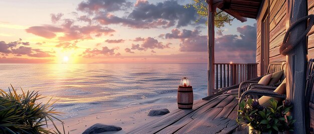 Photo cozy beach house with wooden porch overlooking the ocean