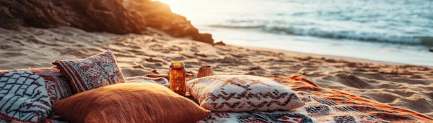 Photo cozy beach setup with pillows and a drink at sunset perfect for relaxation and enjoying the scenic o