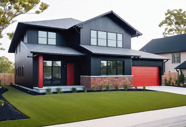 Cozy beautiful house in barnhouse style Wood red brick and black metal were used in construction